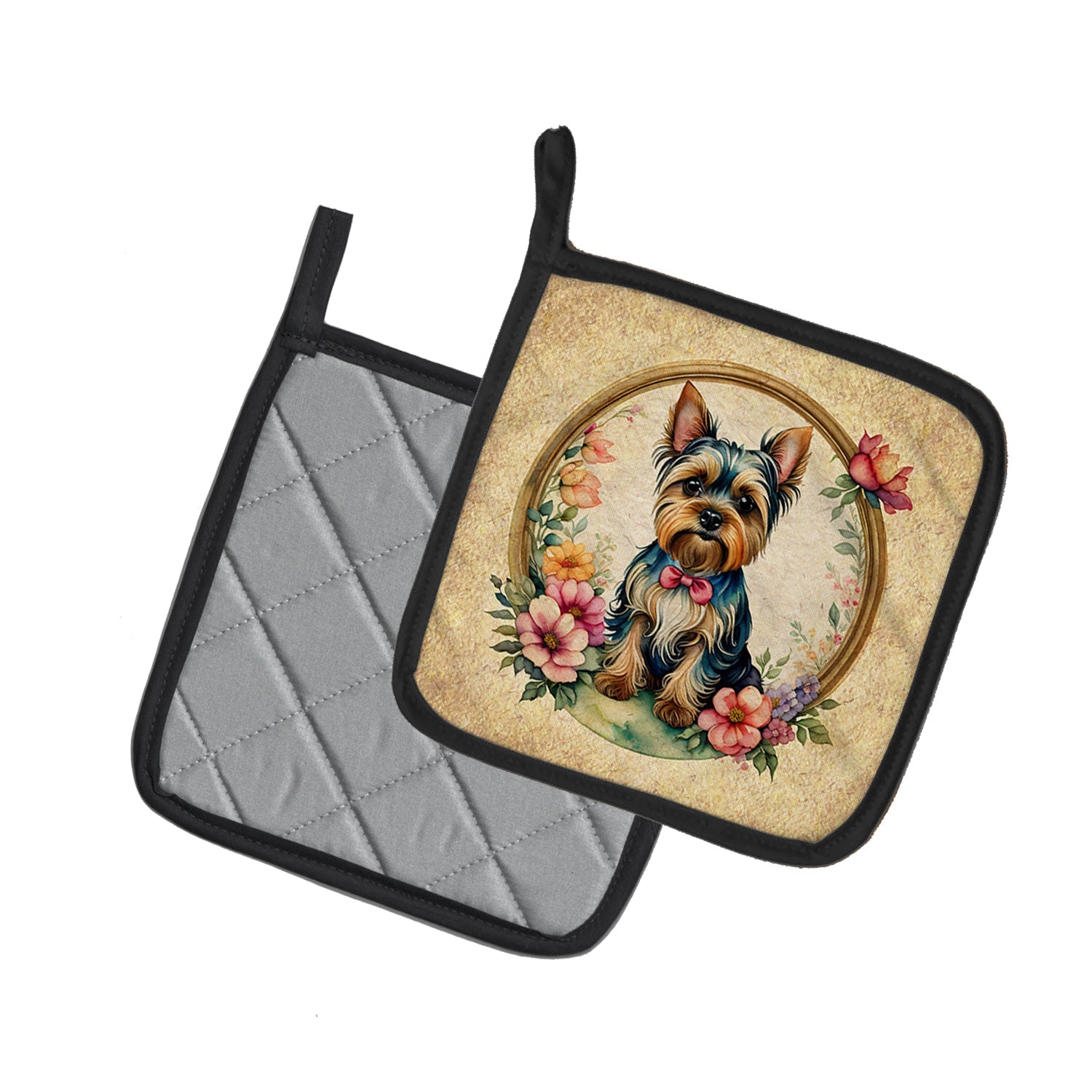 Yorkshire Terrier and Flowers Pot Holder Set of 2 Heat Resistant Quilted Hot Pads 7.5 x 7.5 Inch, Insulated Kitchen Trivets for Cooking & Baking