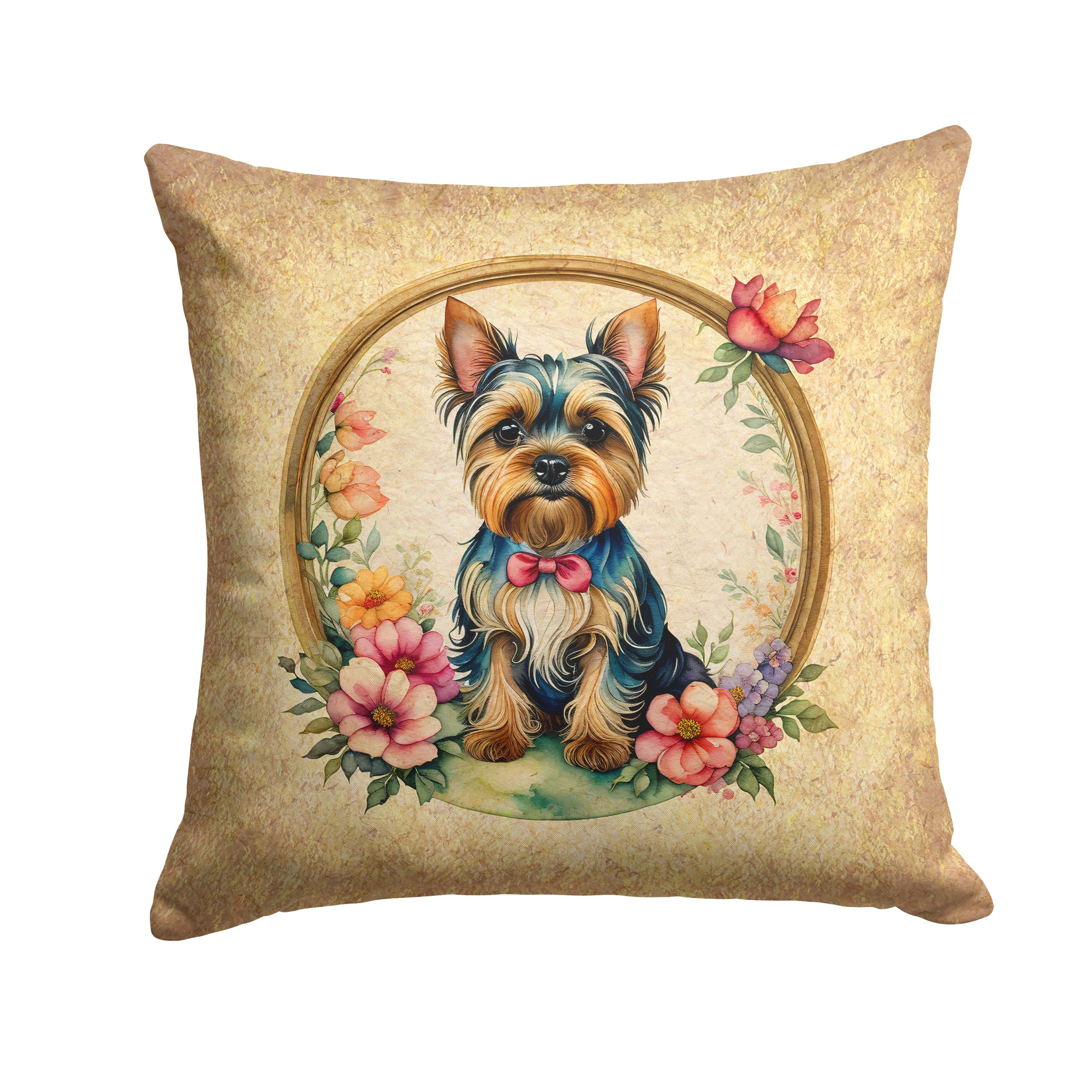 Yorkshire Terrier and Flowers Decorative Throw Pillow 14x14 Indoor Outdoor Accent Cushion, Fabric Cover with Insert for Sofa, Bed, Porch & Living Room