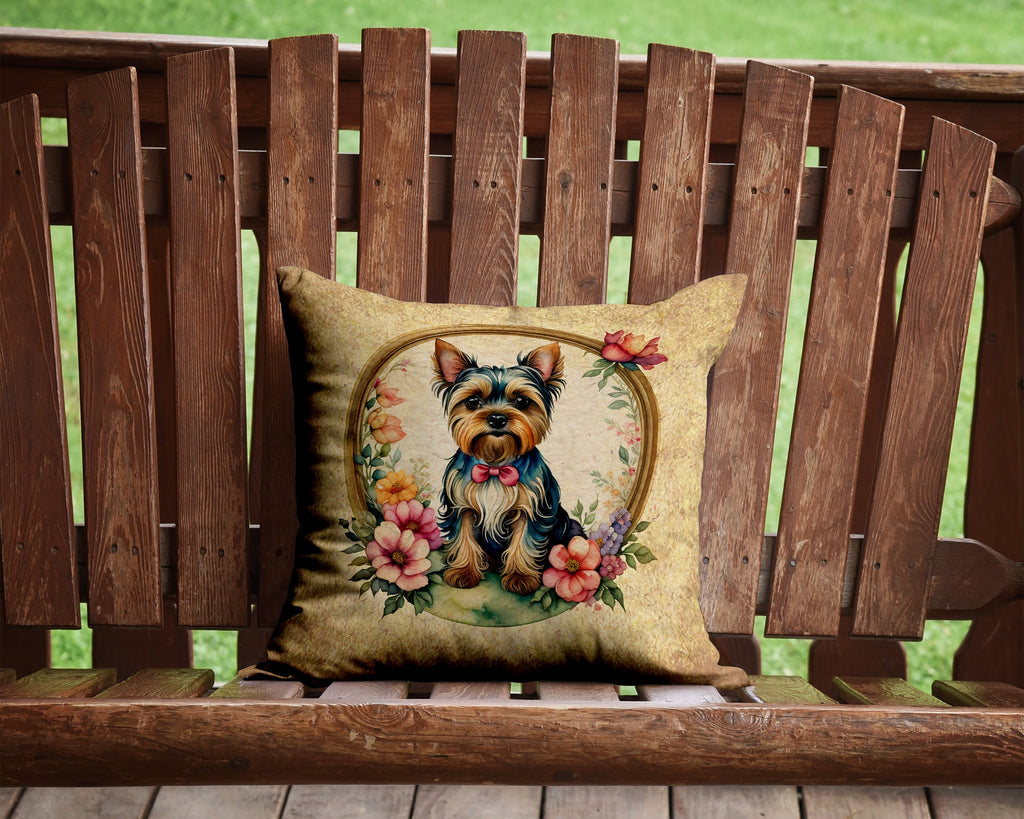 Yorkshire Terrier and Flowers Decorative Throw Pillow 14x14 Indoor Outdoor Accent Cushion, Fabric Cover with Insert for Sofa, Bed, Porch & Living Room