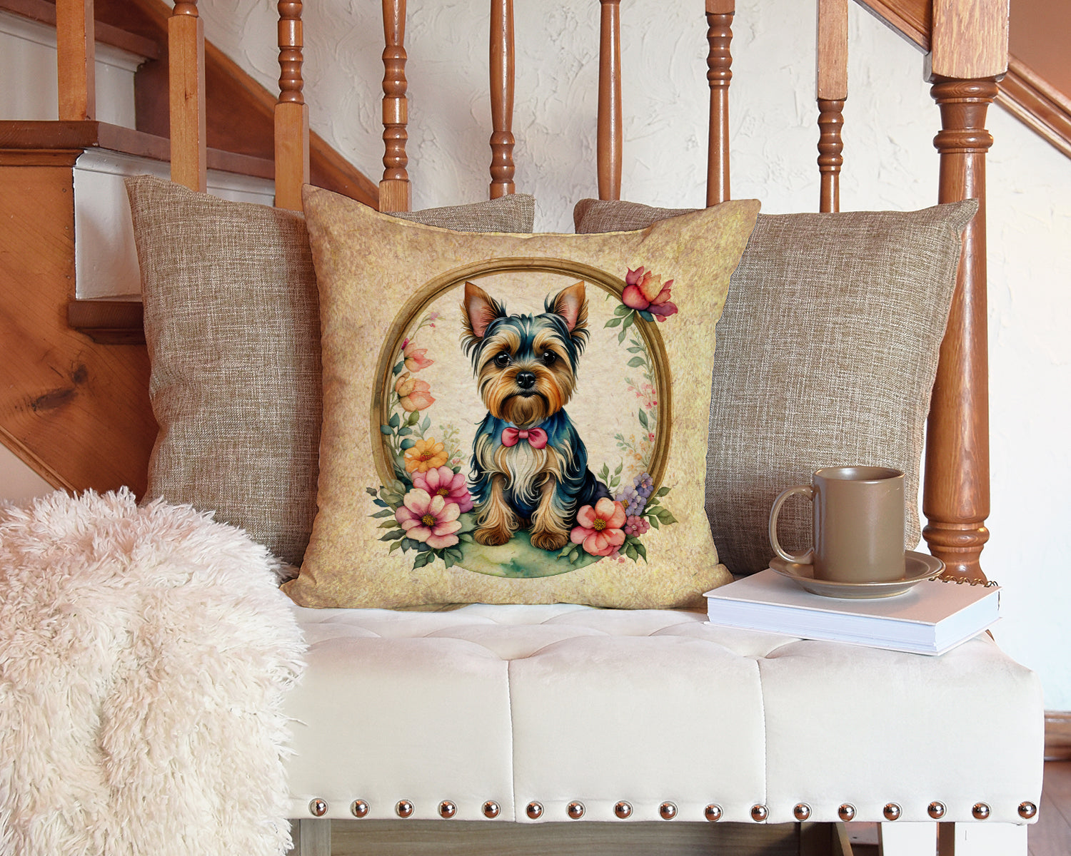 Yorkshire Terrier and Flowers Decorative Throw Pillow 14x14 Indoor Outdoor Accent Cushion, Fabric Cover with Insert for Sofa, Bed, Porch & Living Room