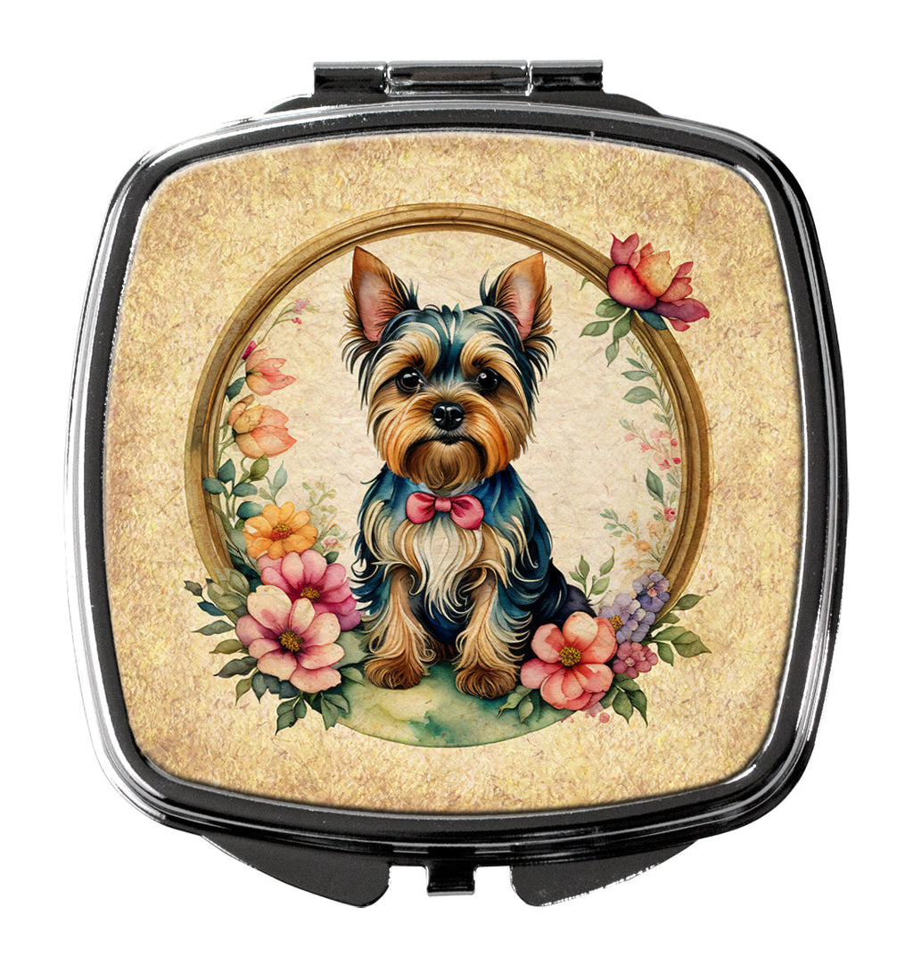 Yorkshire Terrier and Flowers Compact Mirror Decorative Travel Makeup Mirror for Women Girls Gifts Pocket Makeup Mirror Folding Handheld