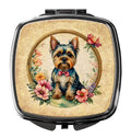 Yorkshire Terrier and Flowers Compact Mirror Decorative Travel Makeup Mirror for Women Girls Gifts Pocket Makeup Mirror Folding Handheld