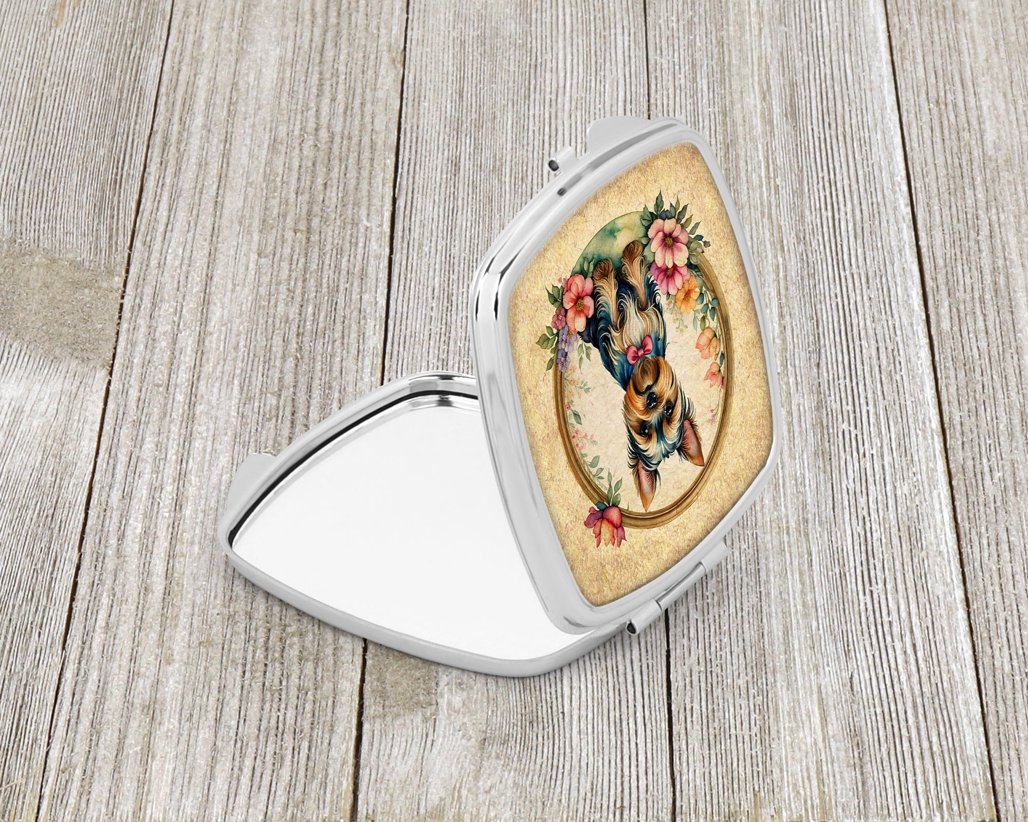 Yorkshire Terrier and Flowers Compact Mirror Decorative Travel Makeup Mirror for Women Girls Gifts Pocket Makeup Mirror Folding Handheld