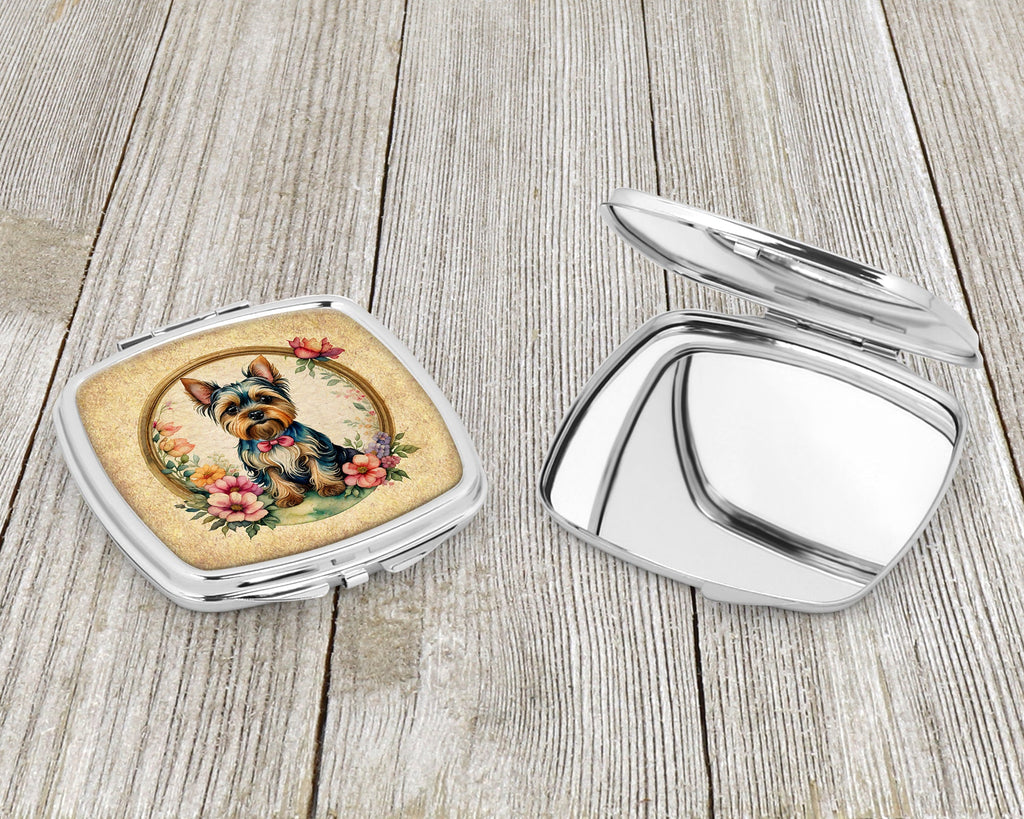Yorkshire Terrier and Flowers Compact Mirror Decorative Travel Makeup Mirror for Women Girls Gifts Pocket Makeup Mirror Folding Handheld