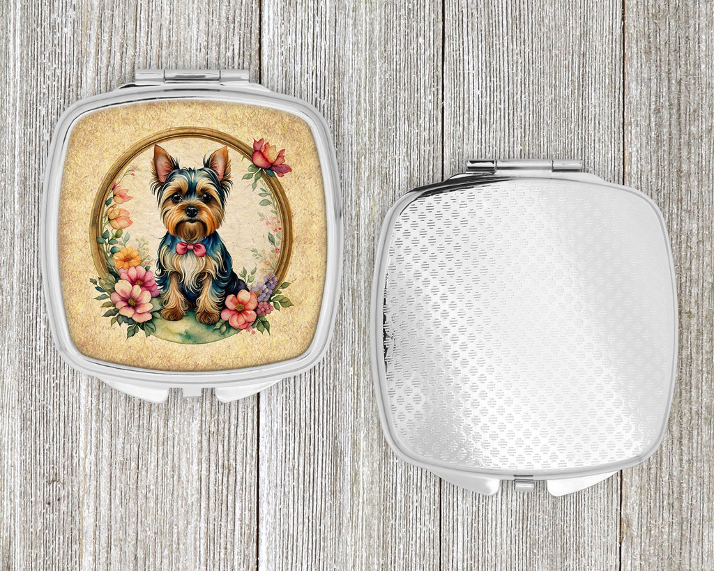 Yorkshire Terrier and Flowers Compact Mirror Decorative Travel Makeup Mirror for Women Girls Gifts Pocket Makeup Mirror Folding Handheld
