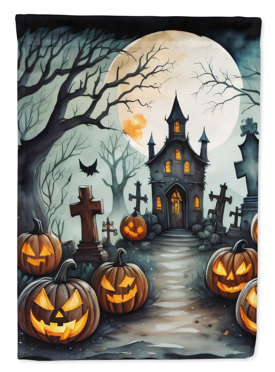 Graveyard Spooky Halloween House Flag 28x40 Porch Sleeve Pole Decorative Outside Yard Banner Artwork Wall Hanging, Polyester