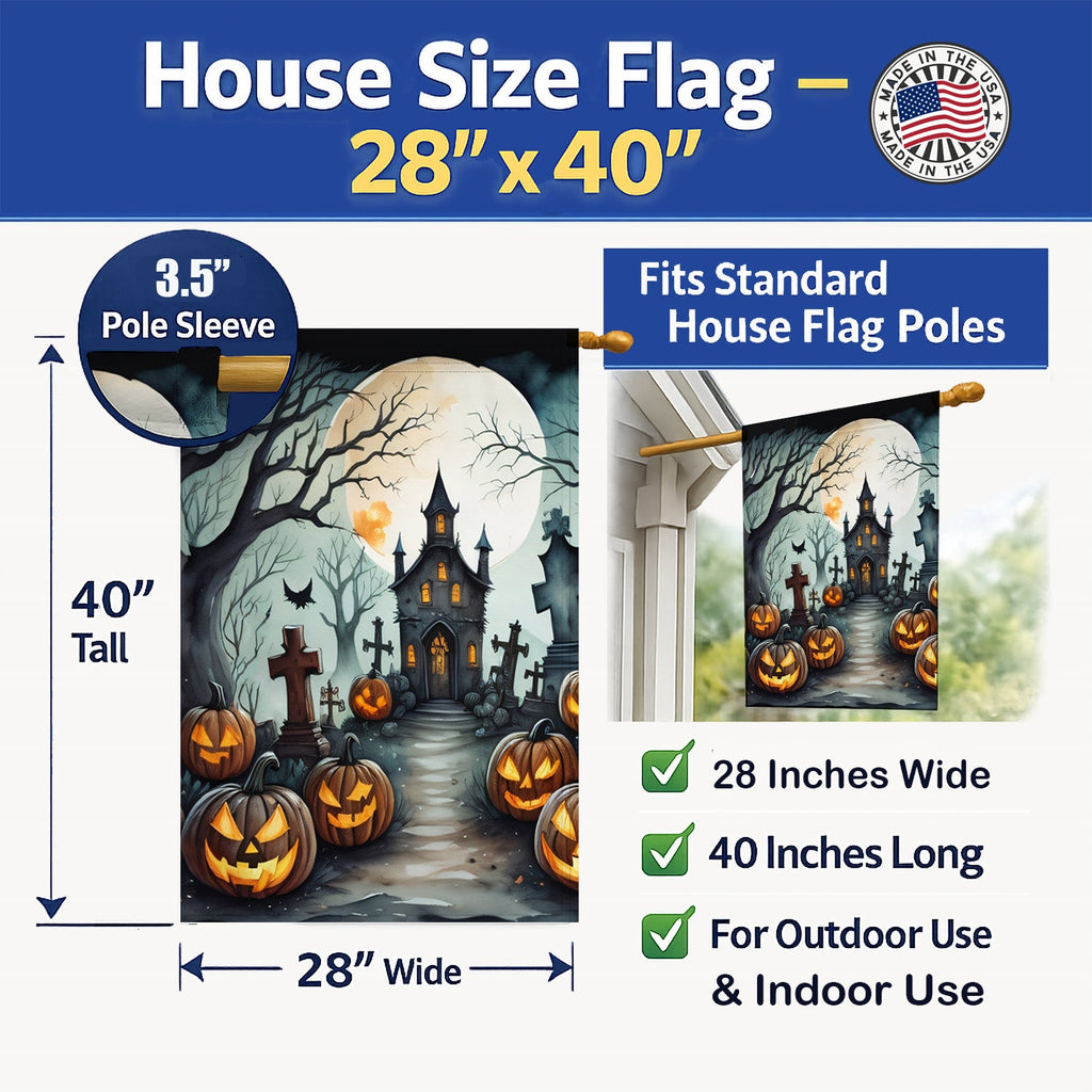 Graveyard Spooky Halloween House Flag 28x40 Porch Sleeve Pole Decorative Outside Yard Banner Artwork Wall Hanging, Polyester
