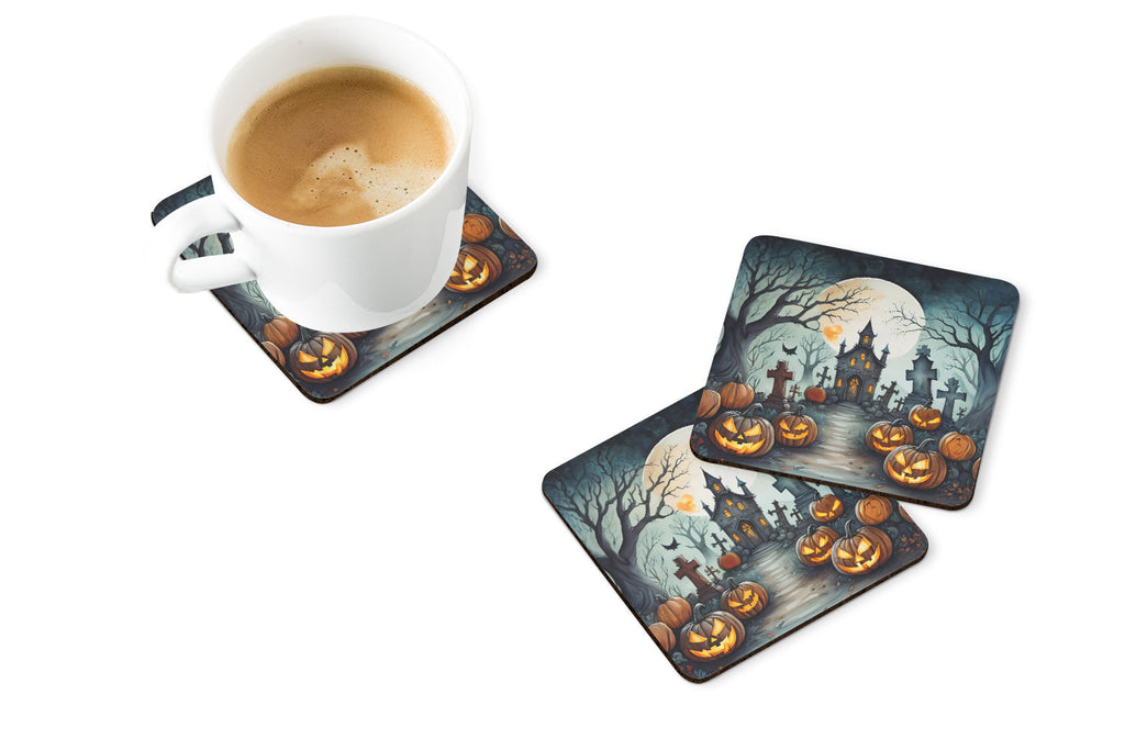 Graveyard Spooky Halloween Foam Coasters Set of 4 Cup Coasters for Indoor Outdoor, Tabletop Protection, Anti Slip, Mouse pad Material