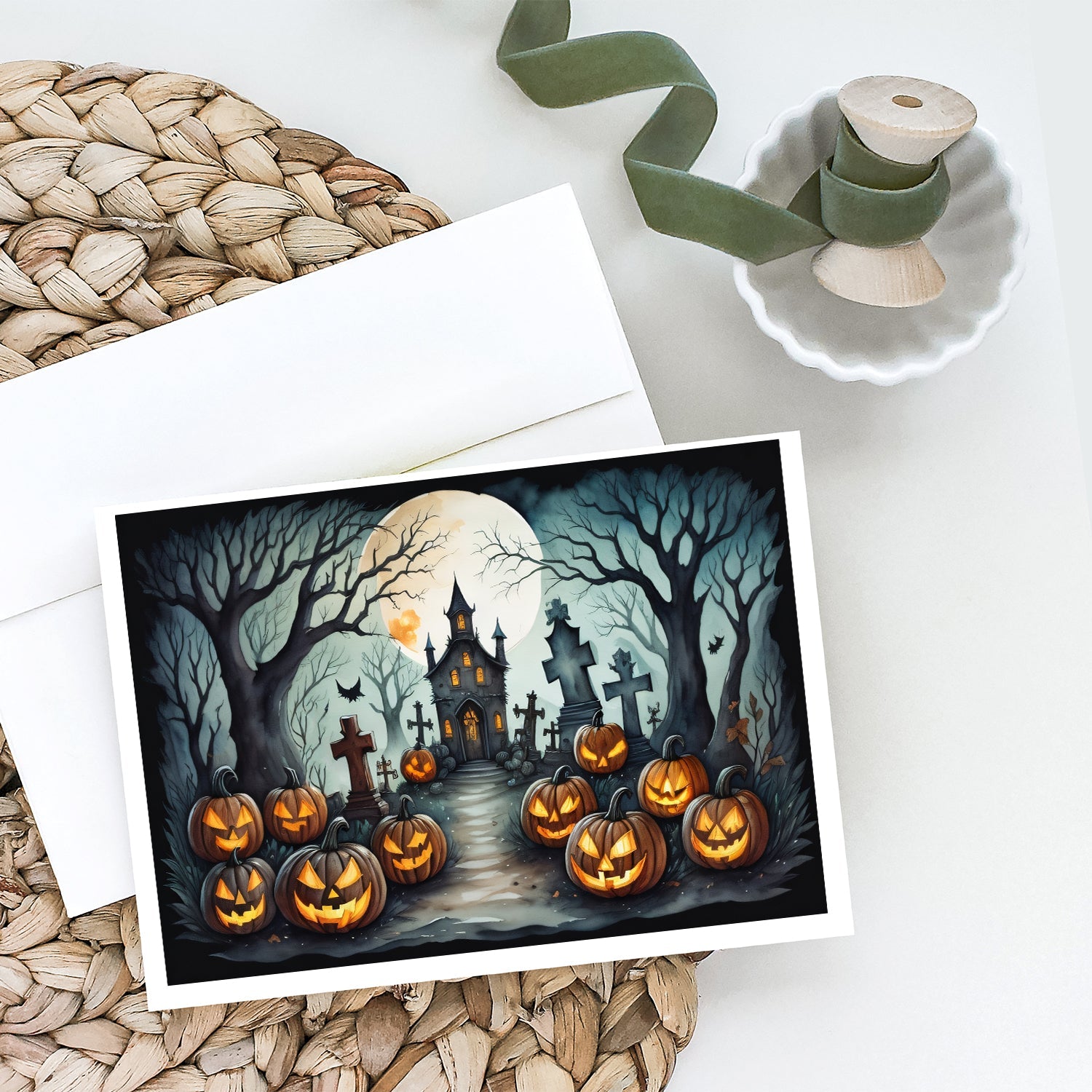 Graveyard Spooky Halloween Greeting Cards Pack of 8 Blank Cards with Envelopes Whimsical A7 Size 5x7