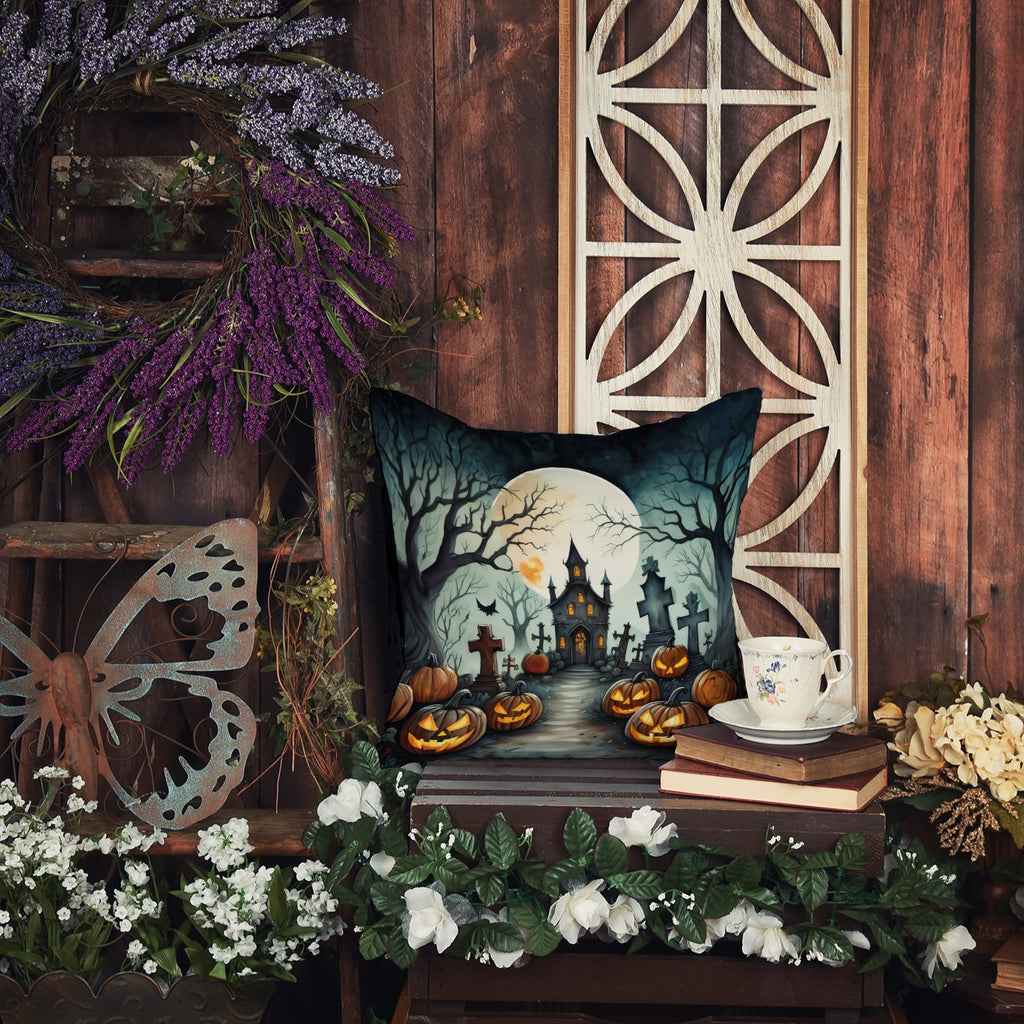 Graveyard Spooky Halloween Decorative Throw Pillow 14x14 Indoor Outdoor Accent Cushion, Fabric Cover with Insert for Sofa, Bed, Porch & Living Room