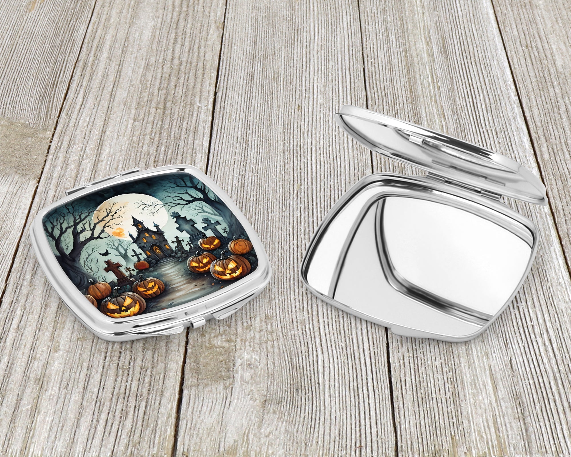 Graveyard Spooky Halloween Compact Mirror Decorative Travel Makeup Mirror for Women Girls Gifts Pocket Makeup Mirror Folding Handheld
