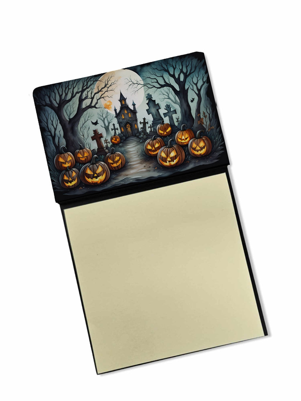 Graveyard Spooky Halloween Watercolor Sticky Note Holder Refillable Dispenser Desk Accessory 3x3 Pad Gift