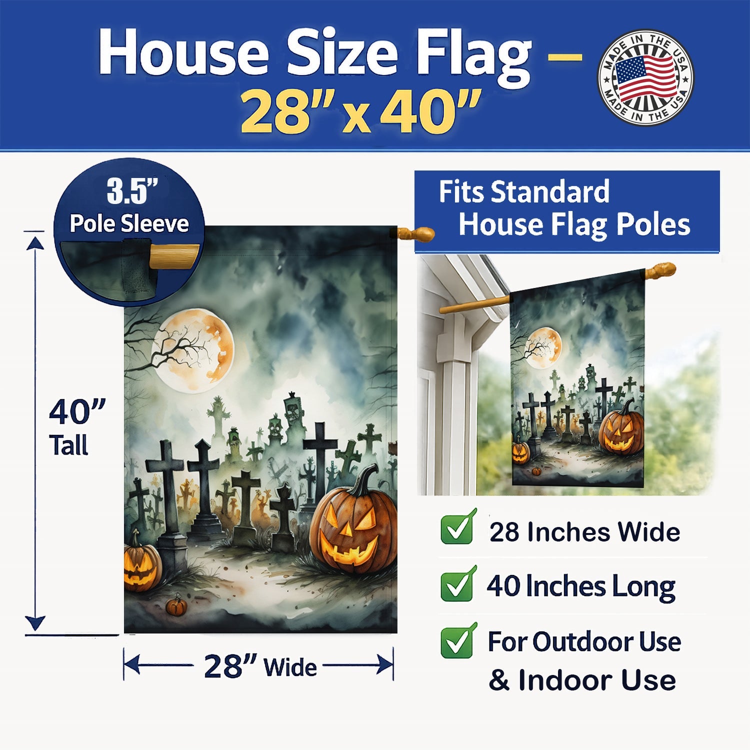 Graveyard Spooky Halloween House Flag 28x40 Porch Sleeve Pole Decorative Outside Yard Banner Artwork Wall Hanging, Polyester