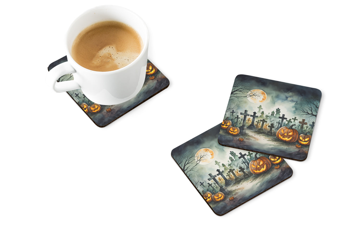 Graveyard Spooky Halloween Foam Coasters Set of 4 Cup Coasters for Indoor Outdoor, Tabletop Protection, Anti Slip, Mouse pad Material