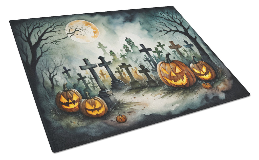 Graveyard Spooky Halloween Cutting Board Tempered Glass Kitchen Cutting Surface, Heat Resistant Chopping, Non-Slip Feet, Food Prep & Serving