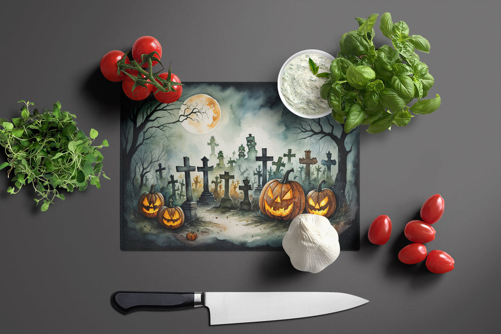 Graveyard Spooky Halloween Cutting Board Tempered Glass Kitchen Cutting Surface, Heat Resistant Chopping, Non-Slip Feet, Food Prep & Serving