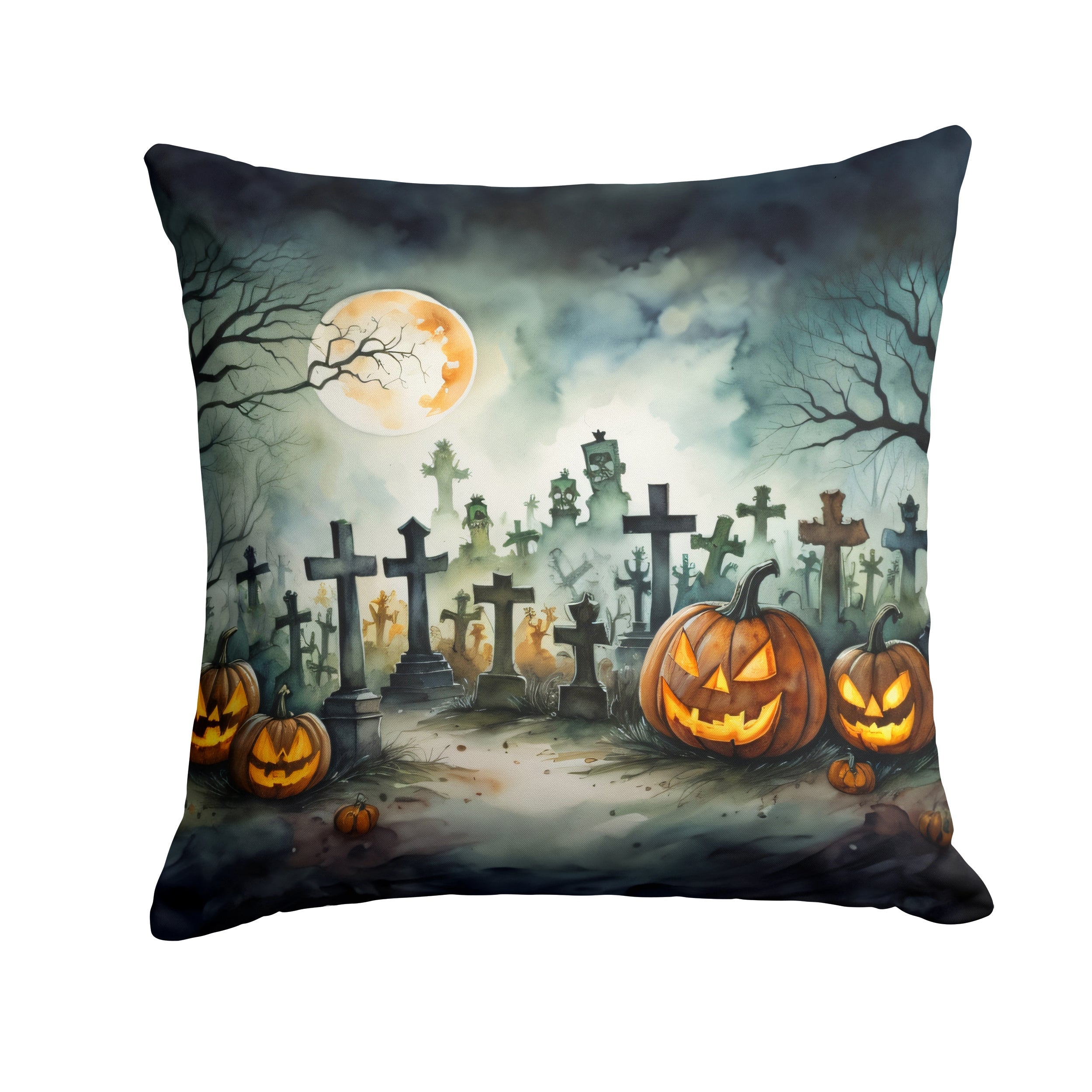 Graveyard Spooky Halloween Decorative Throw Pillow 14x14 Indoor Outdoor Accent Cushion, Fabric Cover with Insert for Sofa, Bed, Porch & Living Room