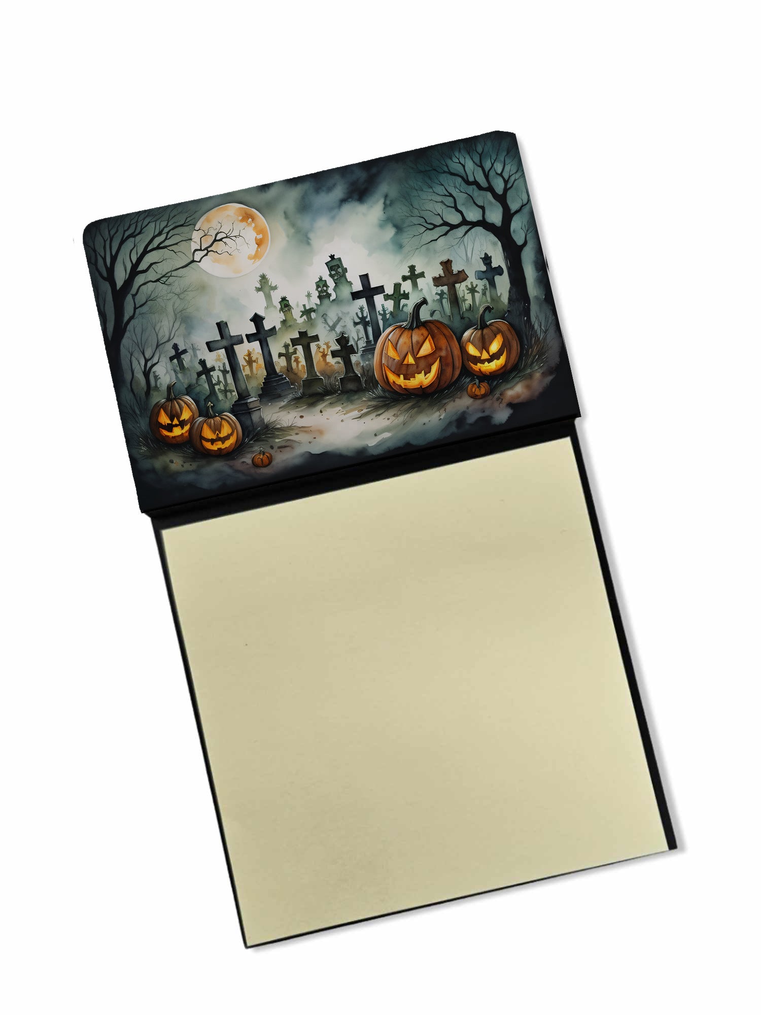 Graveyard Spooky Halloween Watercolor Sticky Note Holder Refillable Dispenser Desk Accessory 3x3 Pad Gift