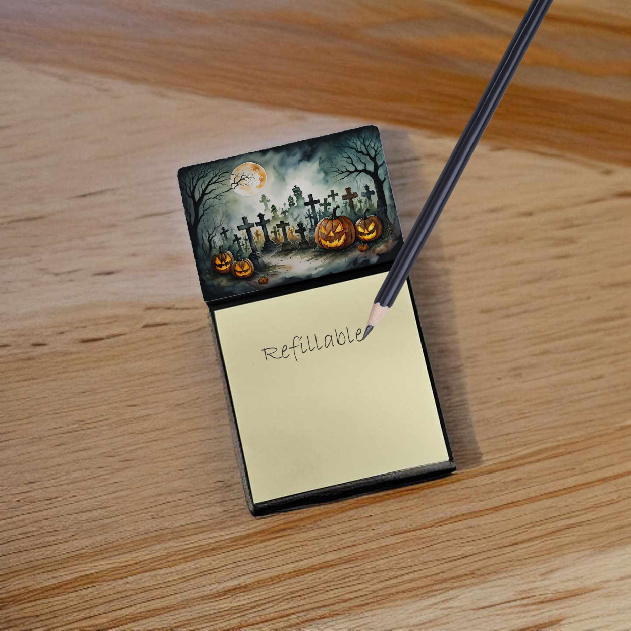 Graveyard Spooky Halloween Watercolor Sticky Note Holder Refillable Dispenser Desk Accessory 3x3 Pad Gift