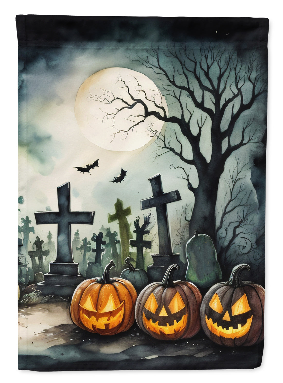 Graveyard Spooky Halloween House Flag 28x40 Porch Sleeve Pole Decorative Outside Yard Banner Artwork Wall Hanging, Polyester