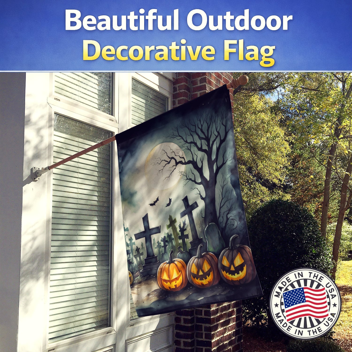Graveyard Spooky Halloween House Flag 28x40 Porch Sleeve Pole Decorative Outside Yard Banner Artwork Wall Hanging, Polyester