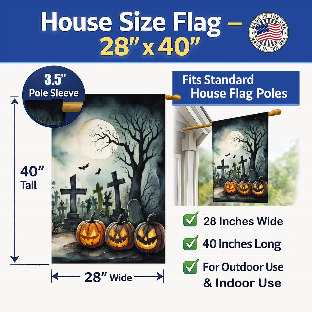 Graveyard Spooky Halloween House Flag 28x40 Porch Sleeve Pole Decorative Outside Yard Banner Artwork Wall Hanging, Polyester