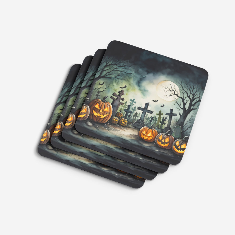 Graveyard Spooky Halloween Foam Coasters Set of 4 Cup Coasters for Indoor Outdoor, Tabletop Protection, Anti Slip, Mouse pad Material