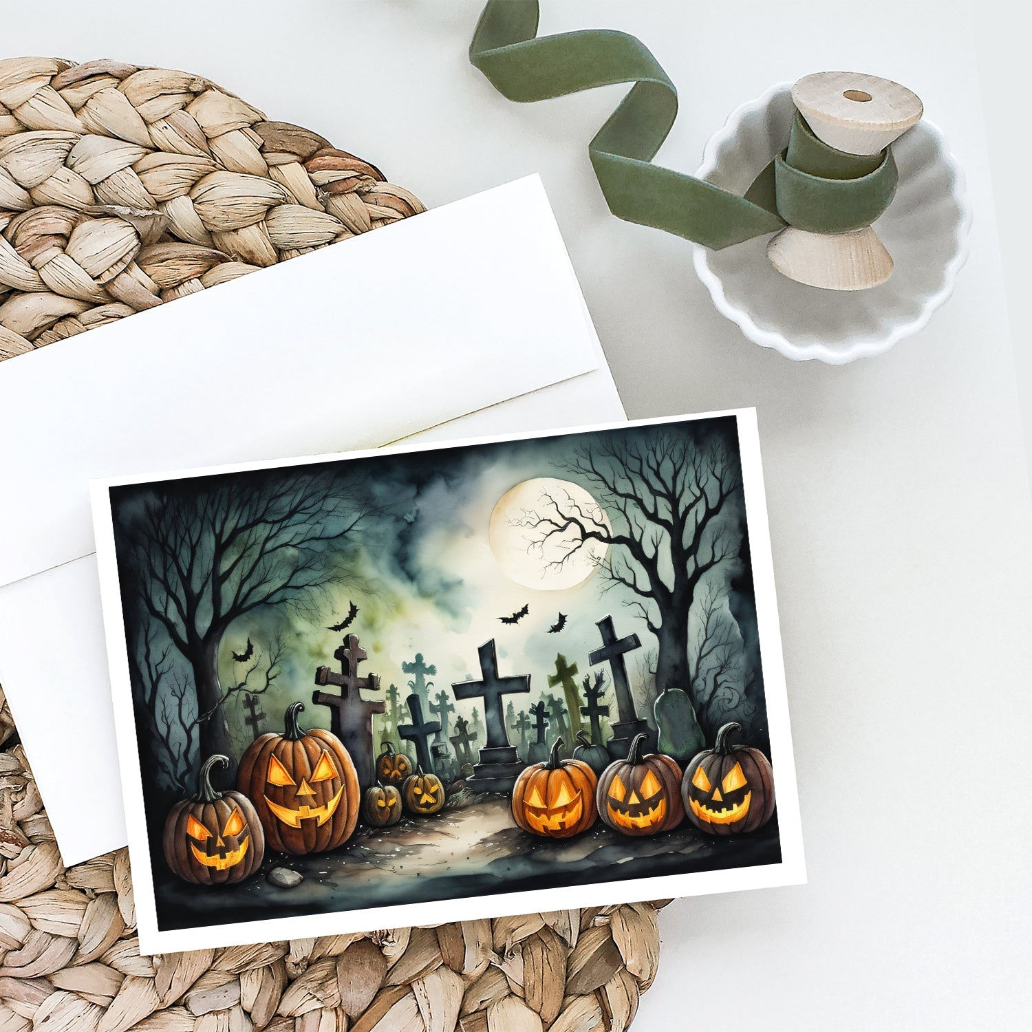 Graveyard Spooky Halloween Greeting Cards Pack of 8 Blank Cards with Envelopes Whimsical A7 Size 5x7