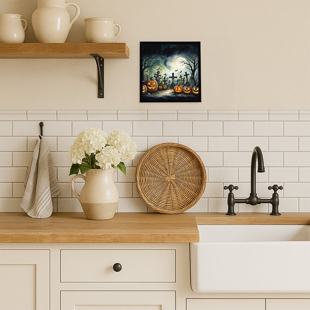 Graveyard Spooky Halloween Framed Metal Print Bathroom, Kitchen, Office, Home Decor Wall Art Ready to Hang, Square, 8X8