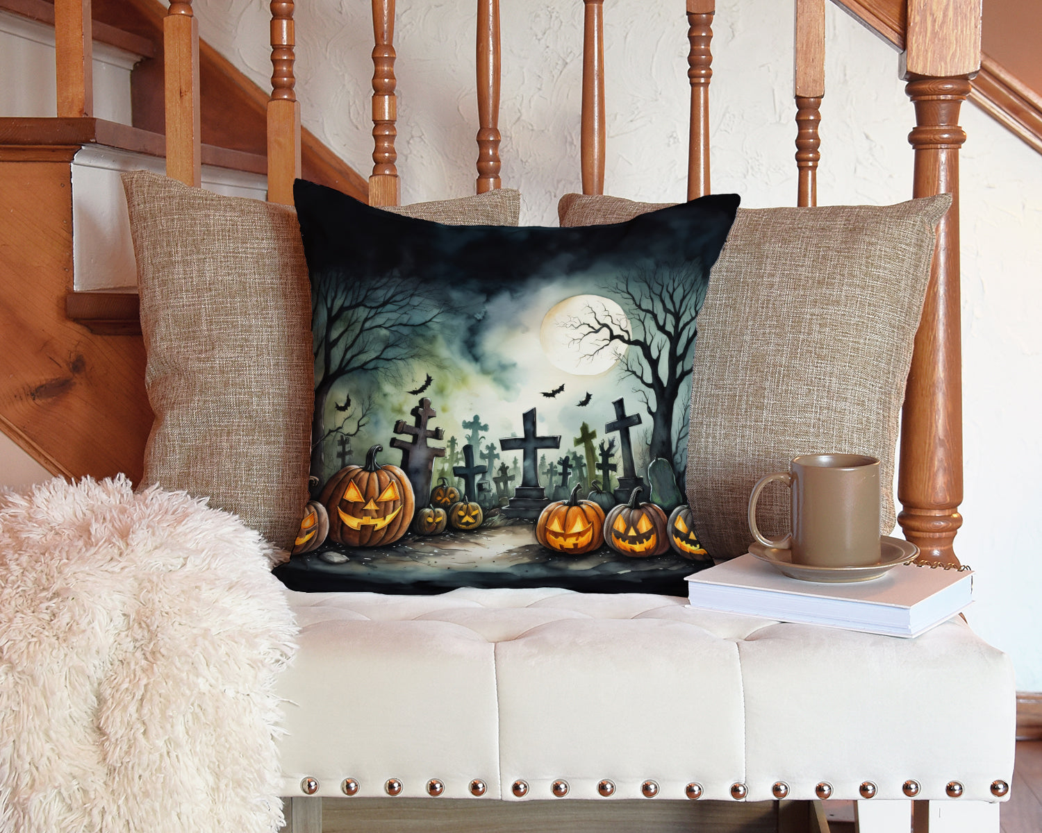 Graveyard Spooky Halloween Decorative Throw Pillow 14x14 Indoor Outdoor Accent Cushion, Fabric Cover with Insert for Sofa, Bed, Porch & Living Room
