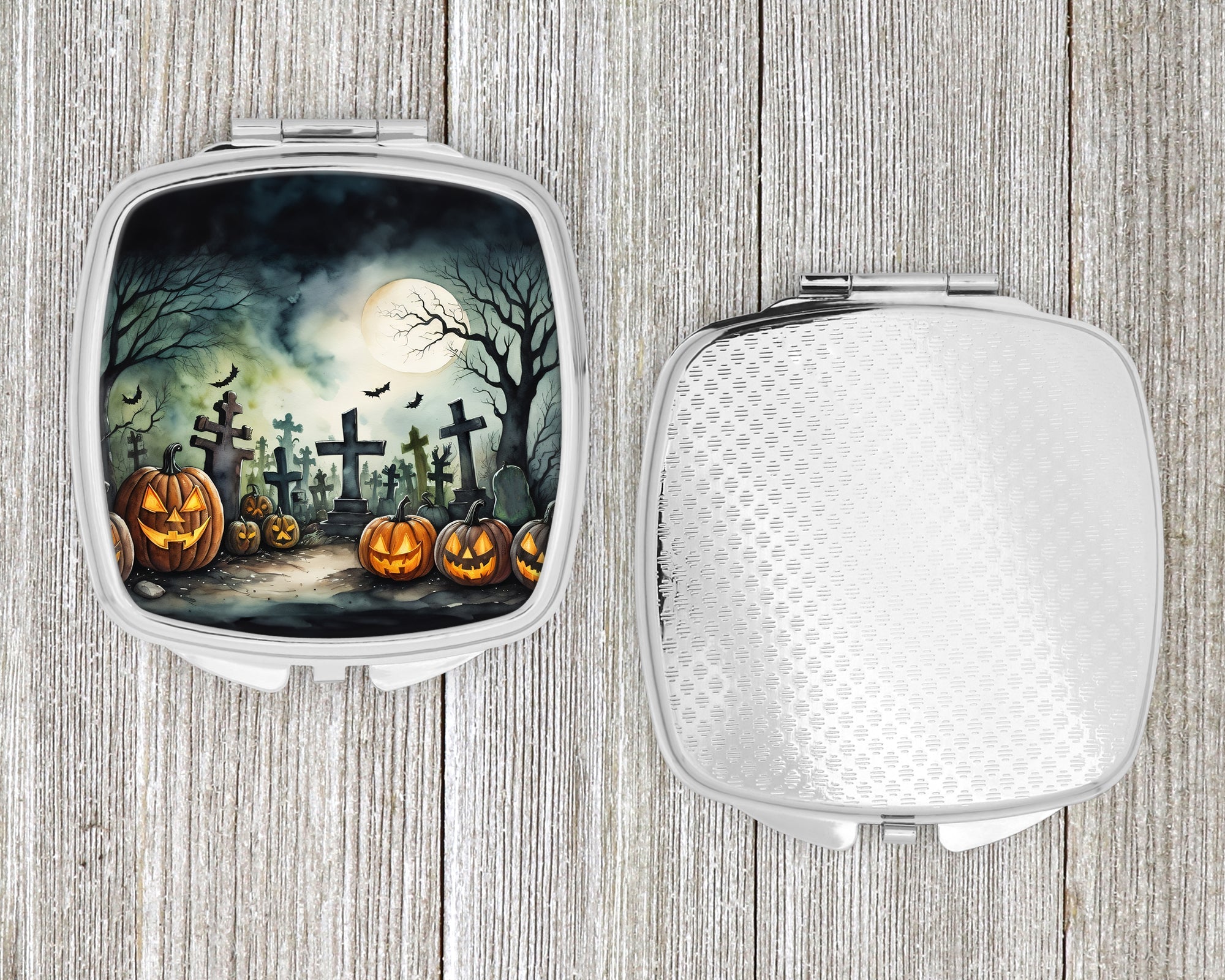 Graveyard Spooky Halloween Compact Mirror Decorative Travel Makeup Mirror for Women Girls Gifts Pocket Makeup Mirror Folding Handheld