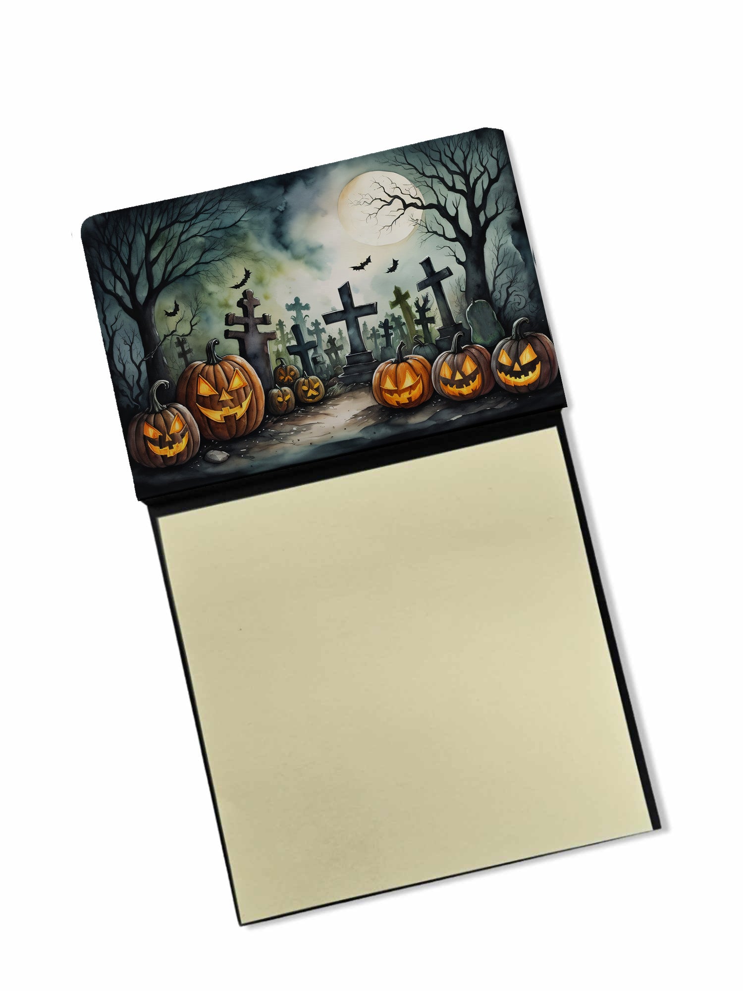 Graveyard Spooky Halloween Watercolor Sticky Note Holder Refillable Dispenser Desk Accessory 3x3 Pad Gift