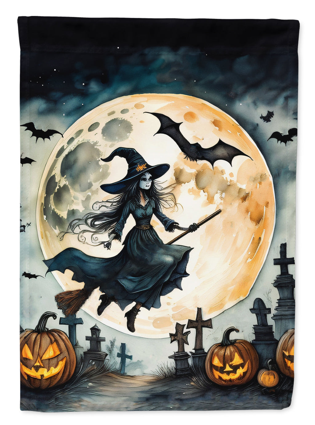 Flying Witch Spooky Halloween House Flag 28x40 Porch Sleeve Pole Decorative Outside Yard Banner Artwork Wall Hanging, Polyester