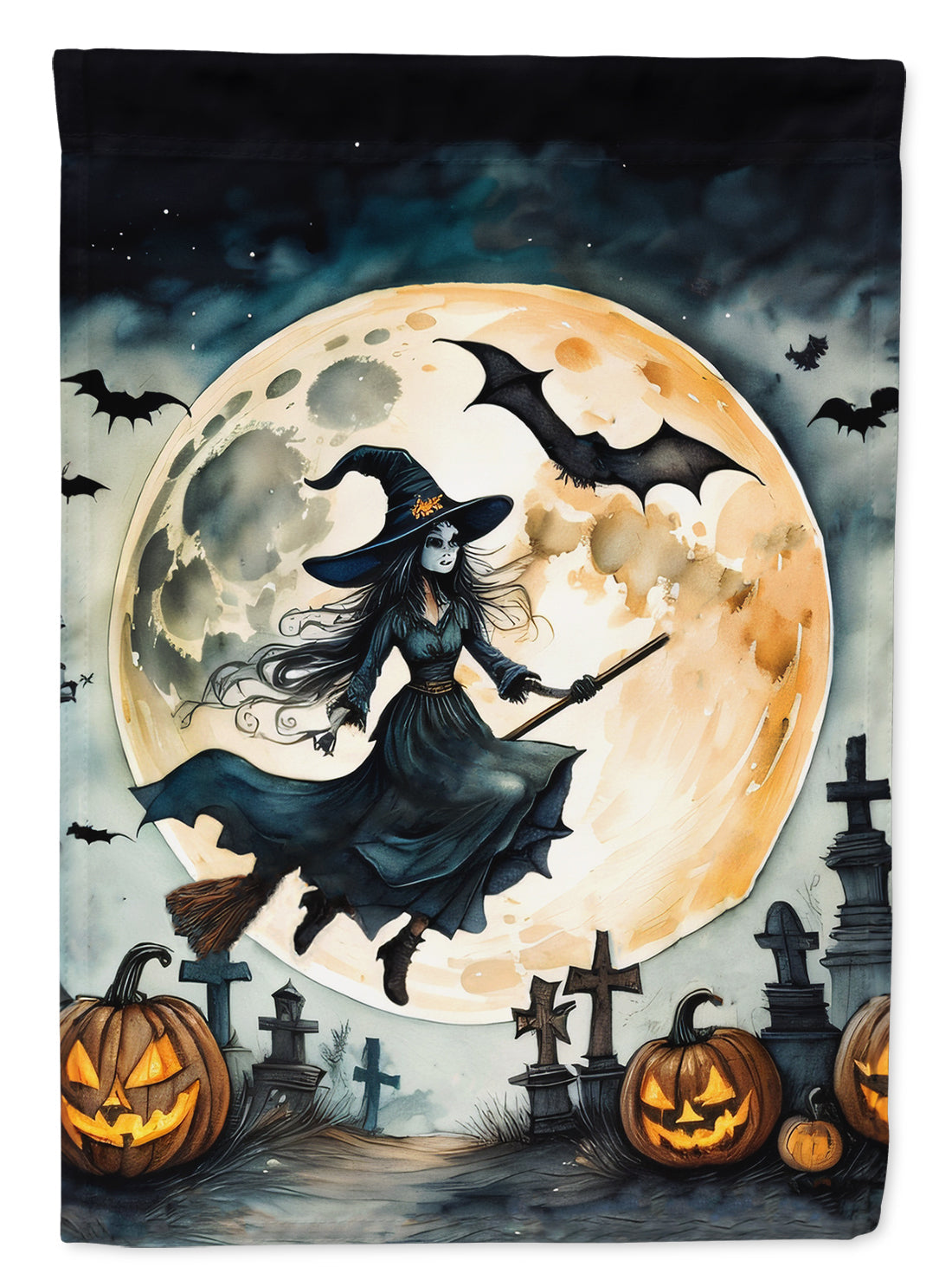 Flying Witch Spooky Halloween House Flag 28x40 Porch Sleeve Pole Decorative Outside Yard Banner Artwork Wall Hanging, Polyester