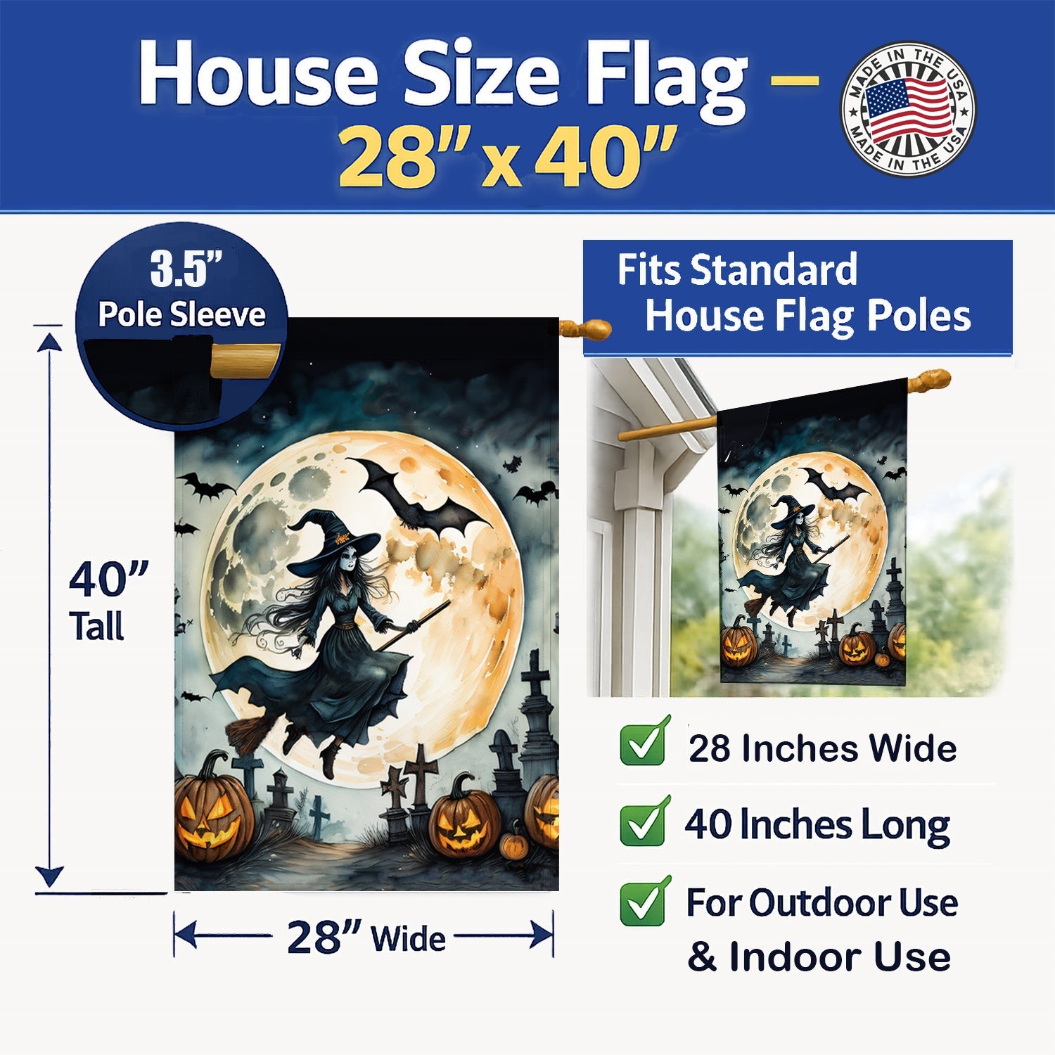 Flying Witch Spooky Halloween House Flag 28x40 Porch Sleeve Pole Decorative Outside Yard Banner Artwork Wall Hanging, Polyester