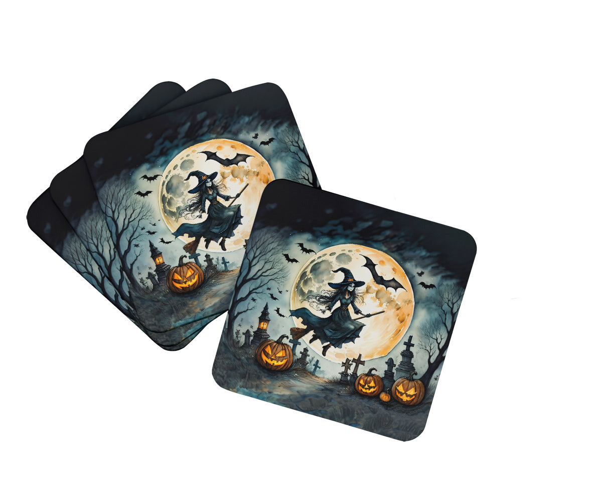 Flying Witch Spooky Halloween Foam Coasters Set of 4 Cup Coasters for Indoor Outdoor, Tabletop Protection, Anti Slip, Mouse pad Material