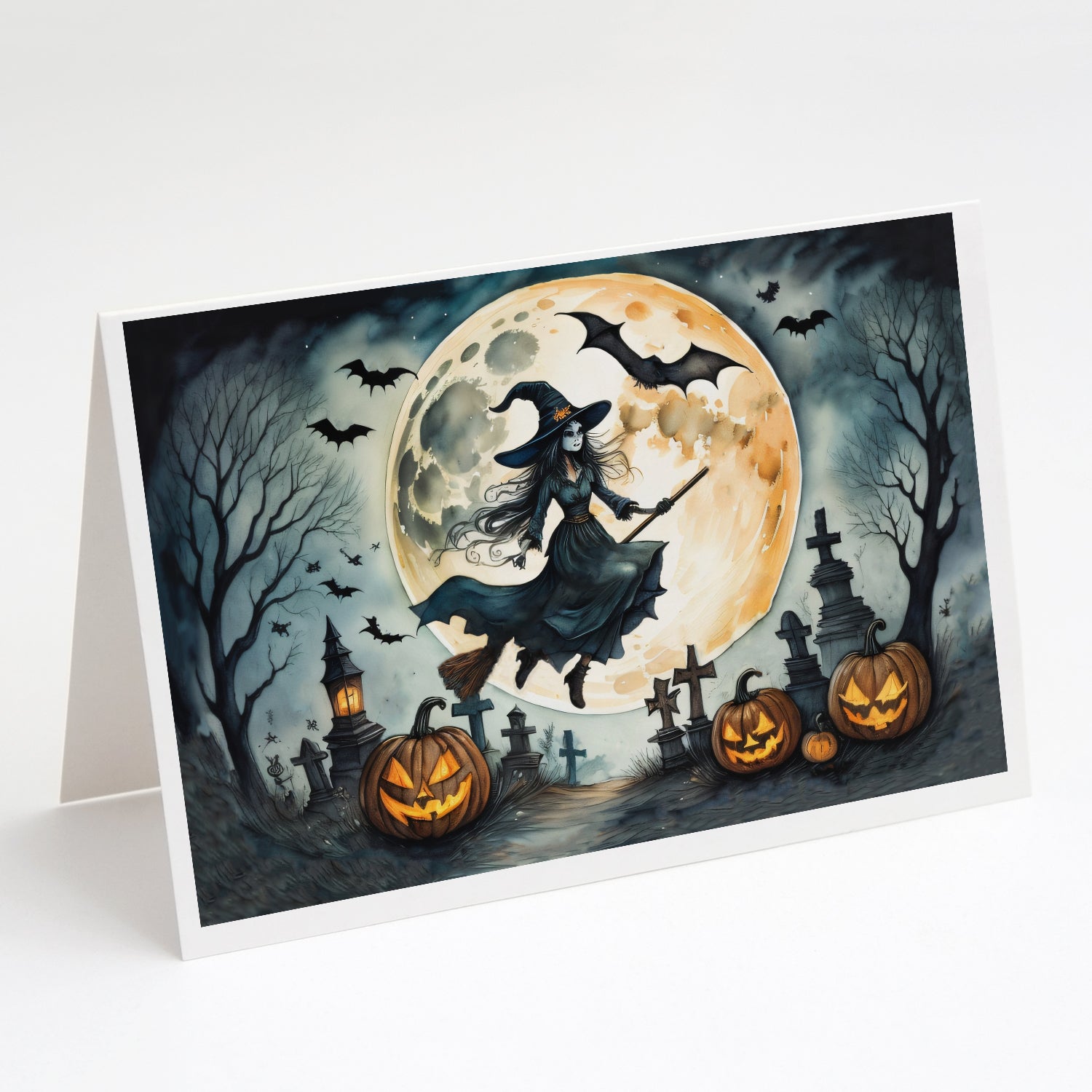 Flying Witch Spooky Halloween Greeting Cards Pack of 8 Blank Cards with Envelopes Whimsical A7 Size 5x7