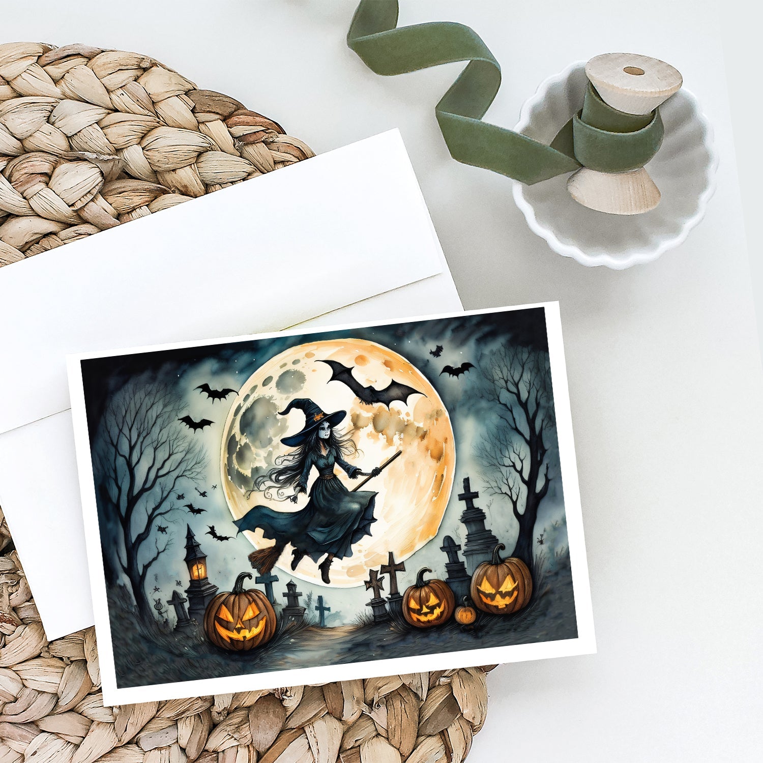 Flying Witch Spooky Halloween Greeting Cards Pack of 8 Blank Cards with Envelopes Whimsical A7 Size 5x7