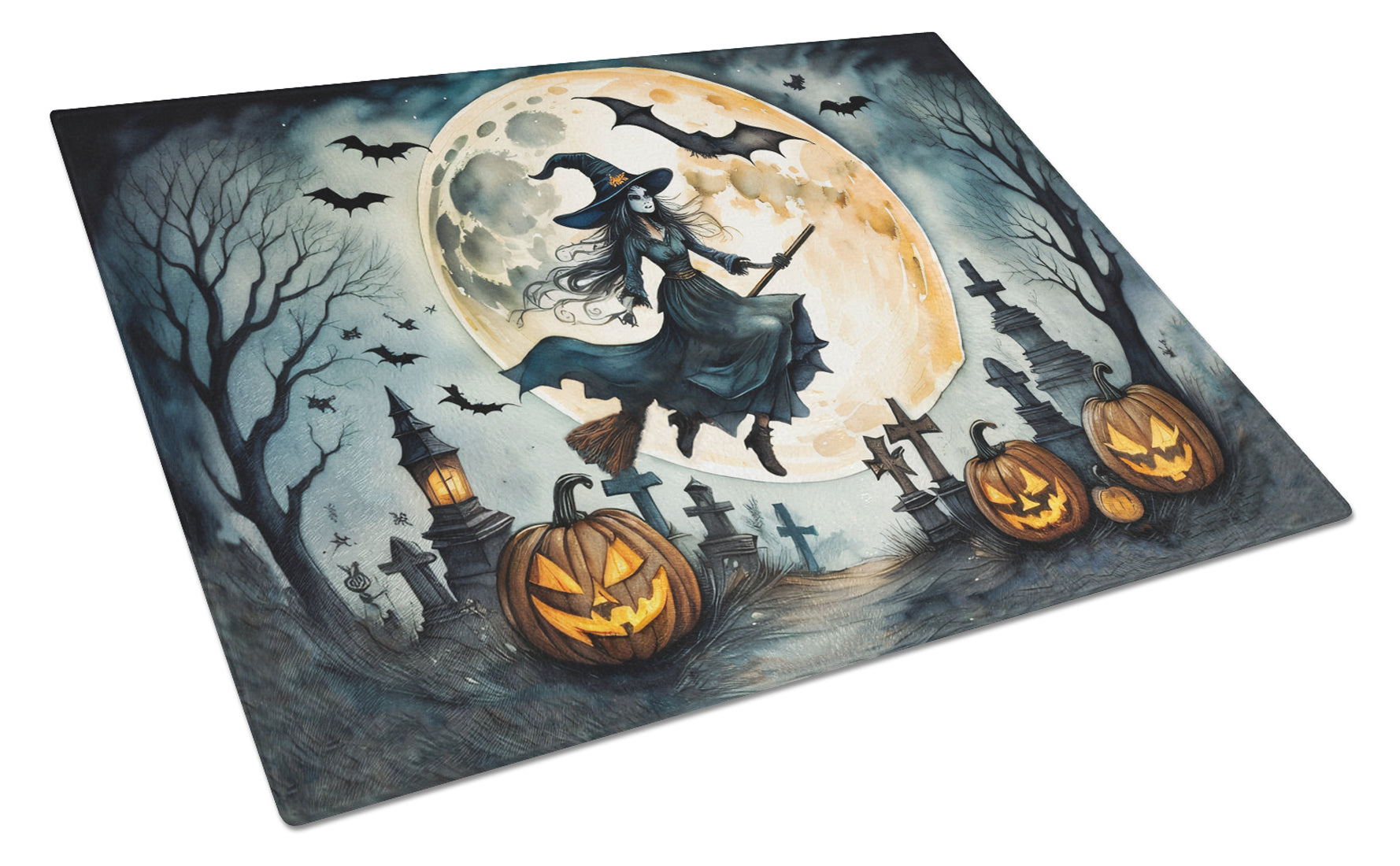 Flying Witch Spooky Halloween Cutting Board Tempered Glass Kitchen Cutting Surface, Heat Resistant Chopping, Non-Slip Feet, Food Prep & Serving