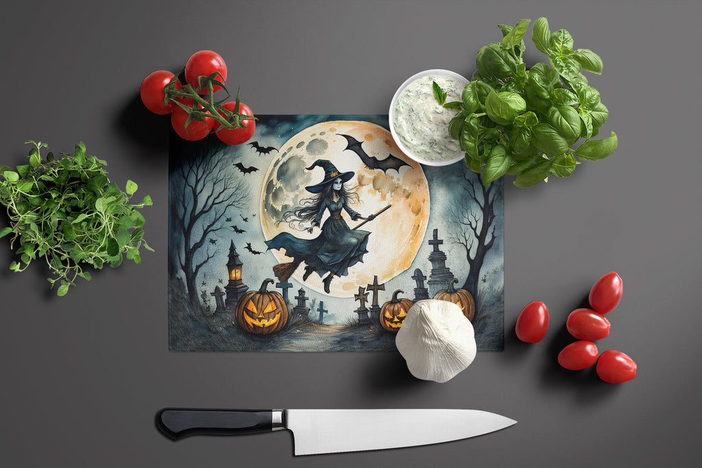 Flying Witch Spooky Halloween Cutting Board Tempered Glass Kitchen Cutting Surface, Heat Resistant Chopping, Non-Slip Feet, Food Prep & Serving