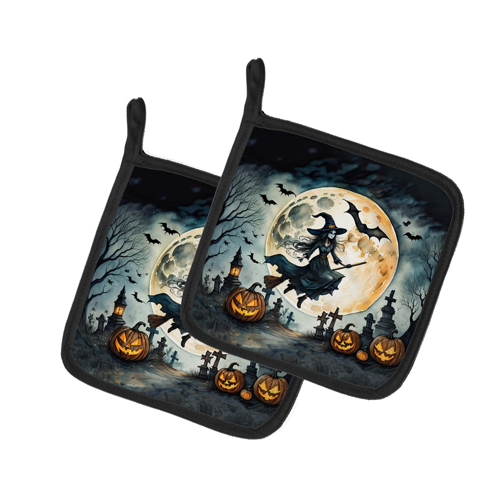 Flying Witch Spooky Halloween Pot Holder Set of 2 Heat Resistant Quilted Hot Pads 7.5 x 7.5 Inch, Insulated Kitchen Trivets for Cooking & Baking