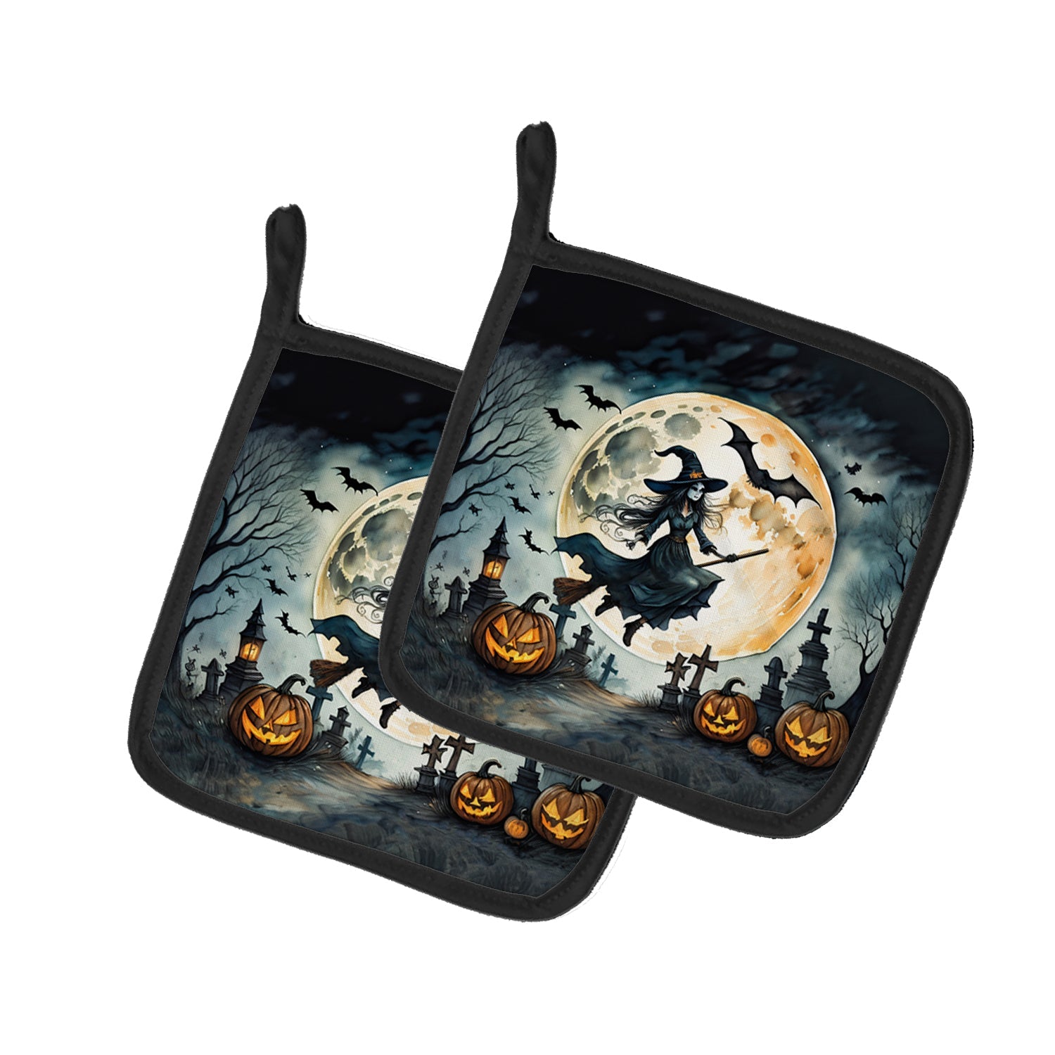 Flying Witch Spooky Halloween Pot Holder Set of 2 Heat Resistant Quilted Hot Pads 7.5 x 7.5 Inch, Insulated Kitchen Trivets for Cooking & Baking