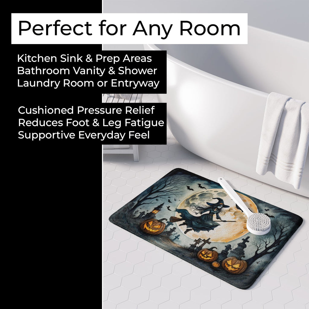 Flying Witch Spooky Halloween Memory Foam Kitchen Mat Machine Washable Anti-Fatigue Cushion Comfort Bath or Kitchen Rug