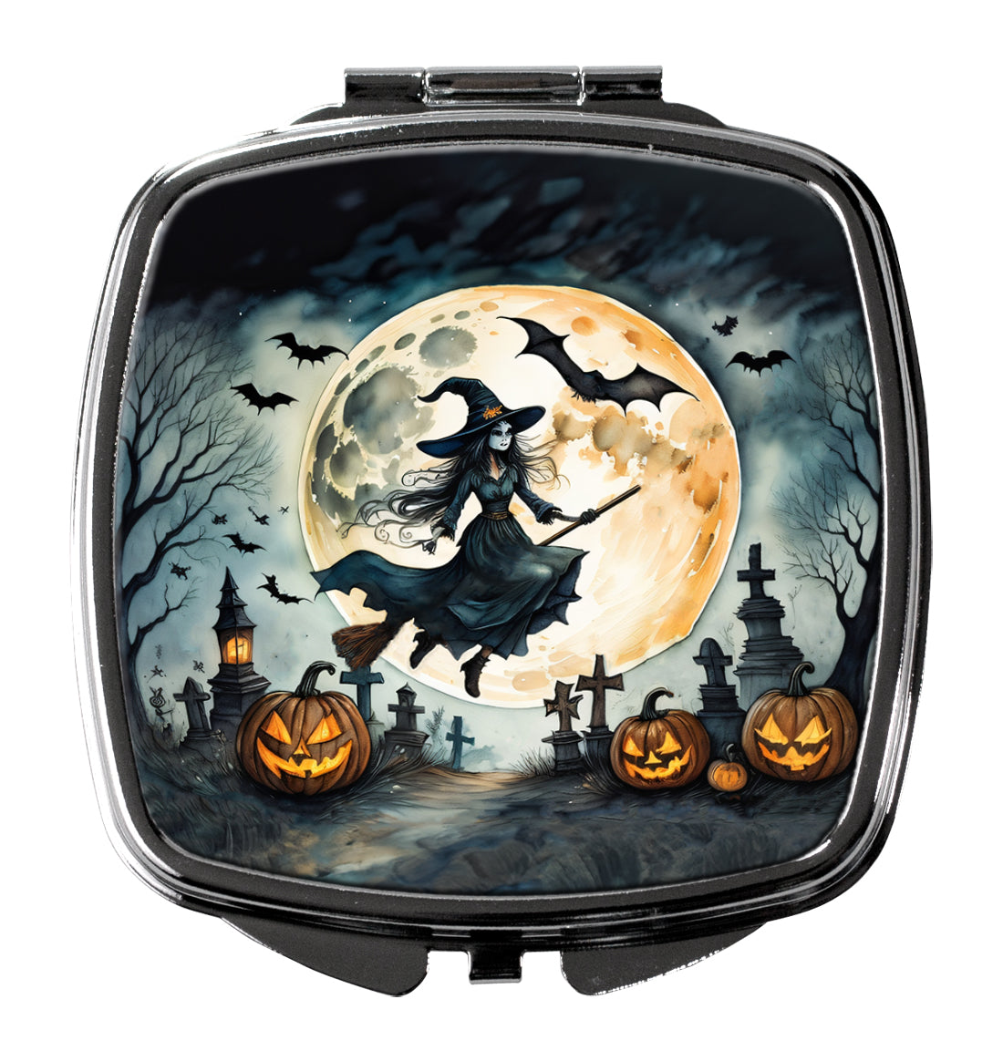 Flying Witch Spooky Halloween Compact Mirror Decorative Travel Makeup Mirror for Women Girls Gifts Pocket Makeup Mirror Folding Handheld
