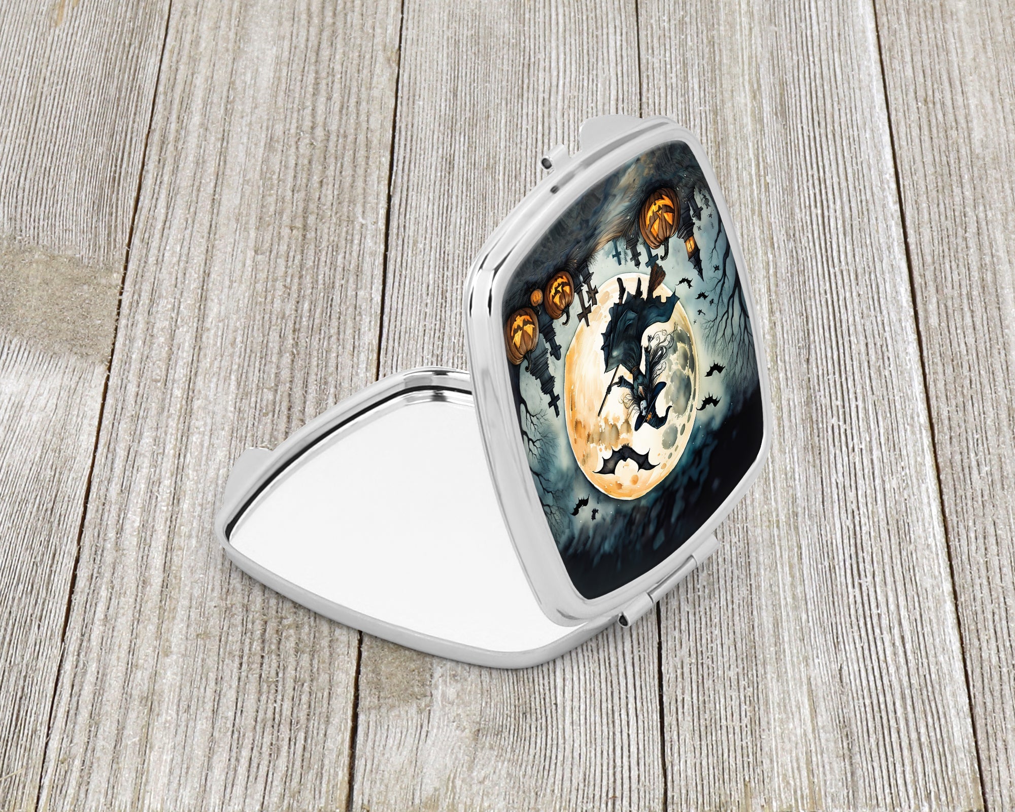 Flying Witch Spooky Halloween Compact Mirror Decorative Travel Makeup Mirror for Women Girls Gifts Pocket Makeup Mirror Folding Handheld