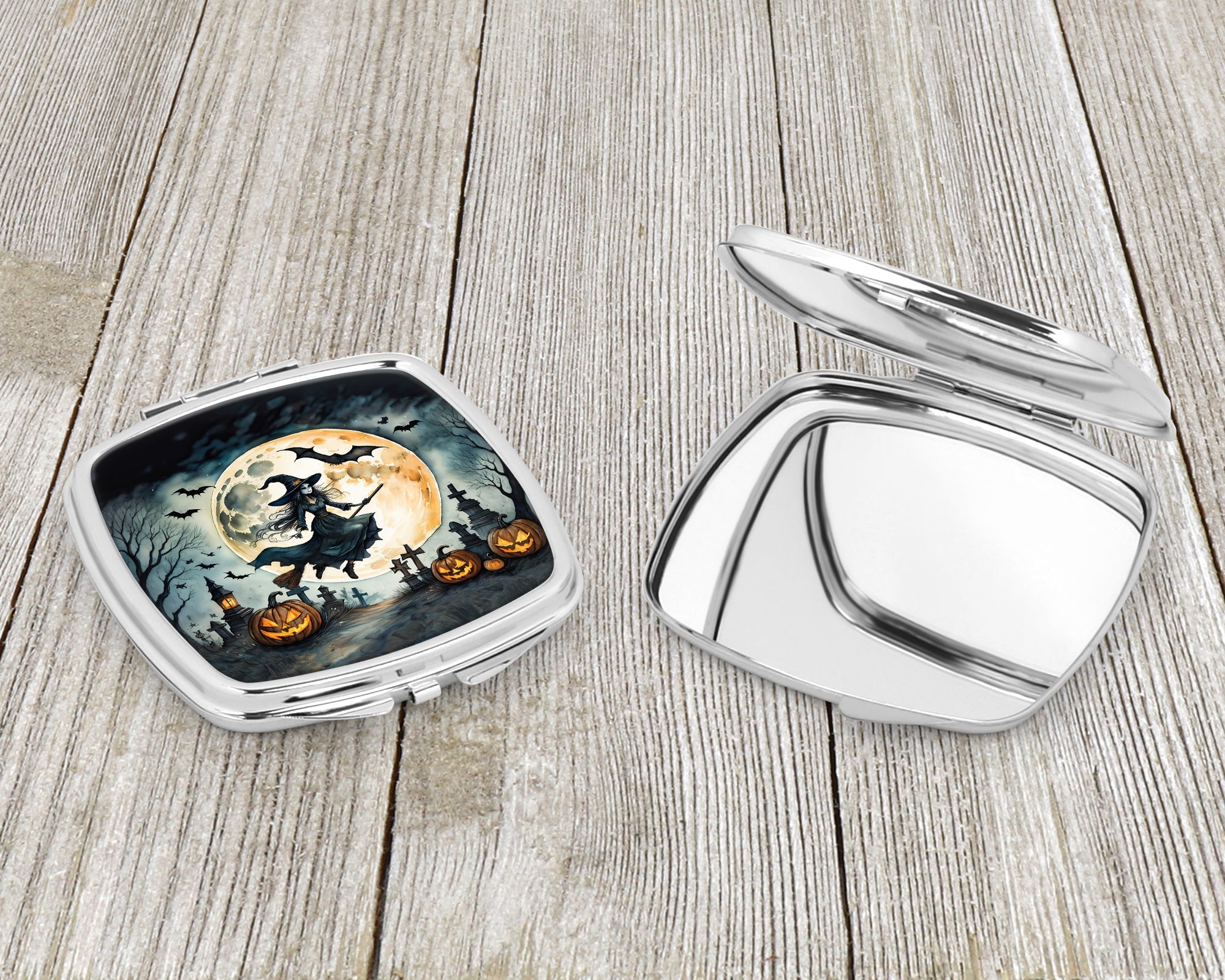 Flying Witch Spooky Halloween Compact Mirror Decorative Travel Makeup Mirror for Women Girls Gifts Pocket Makeup Mirror Folding Handheld