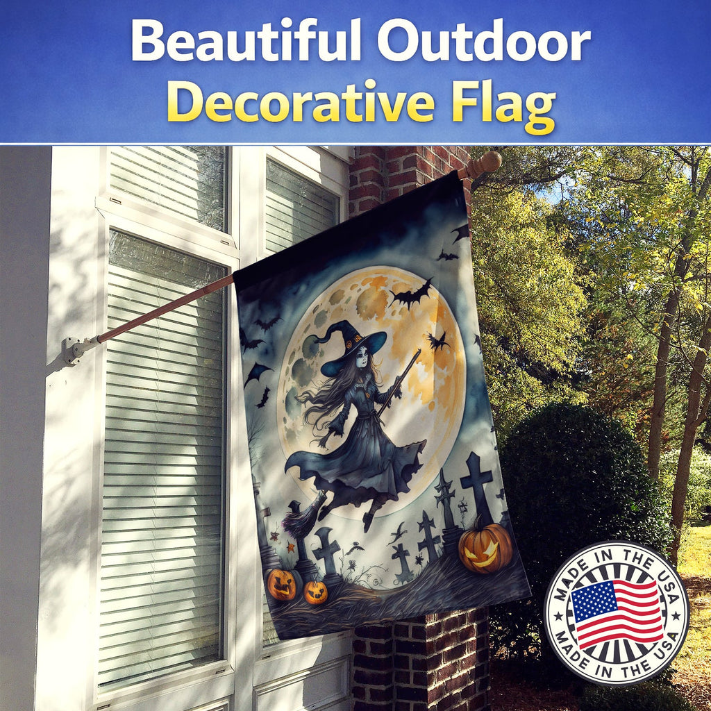 Flying Witch Spooky Halloween House Flag 28x40 Porch Sleeve Pole Decorative Outside Yard Banner Artwork Wall Hanging, Polyester