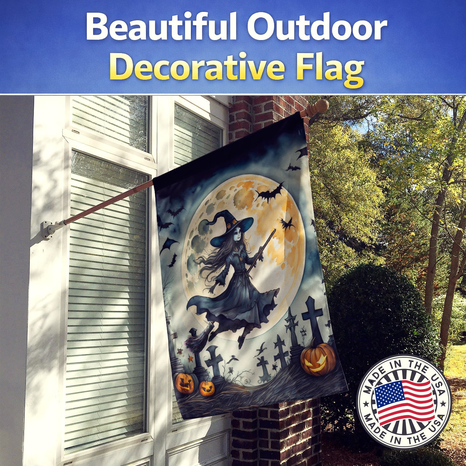 Flying Witch Spooky Halloween House Flag 28x40 Porch Sleeve Pole Decorative Outside Yard Banner Artwork Wall Hanging, Polyester