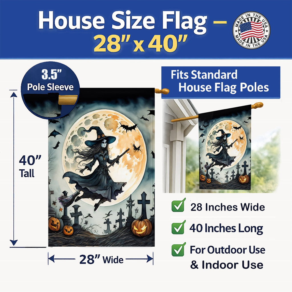Flying Witch Spooky Halloween House Flag 28x40 Porch Sleeve Pole Decorative Outside Yard Banner Artwork Wall Hanging, Polyester
