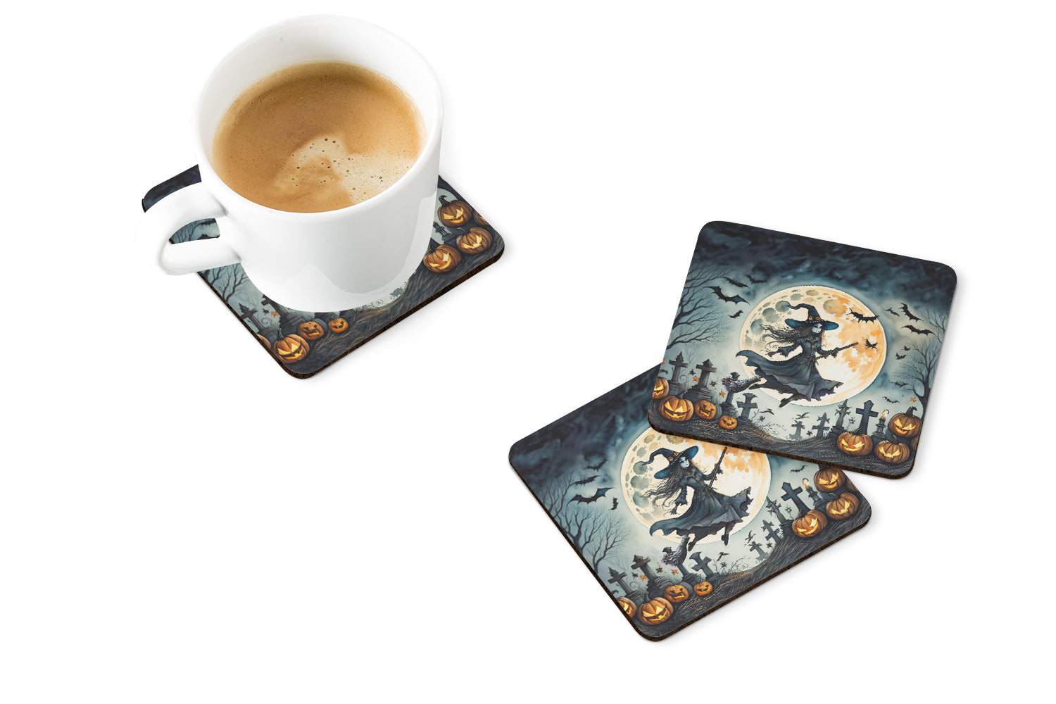 Flying Witch Spooky Halloween Foam Coasters Set of 4 Cup Coasters for Indoor Outdoor, Tabletop Protection, Anti Slip, Mouse pad Material